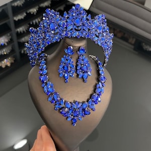 Royal Blue Quinceanera Crown with Necklace Earrings Set, Crystal Bridal Tiara, Wedding Tiara, Bridesmaid Headband, Blue Quinceanera Tiara