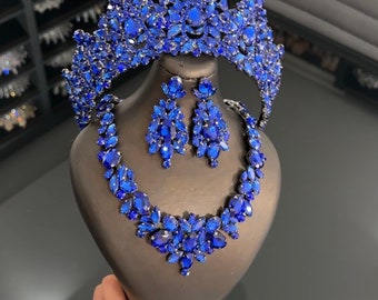 Ensemble couronne de quinceanera bleu royal avec collier, boucles d'oreilles, diadème de mariée en cristal, diadème de mariage, bandeau de demoiselle d'honneur, diadème de quinceanera bleu