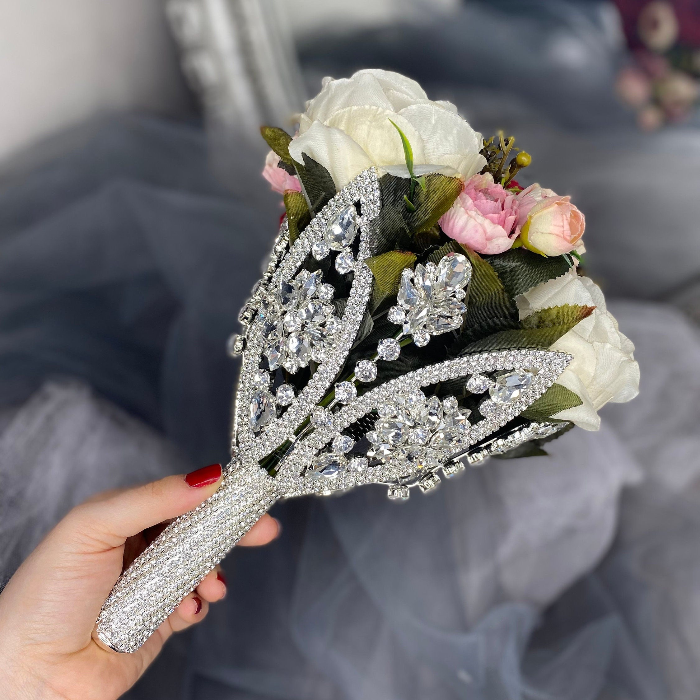 Rose Gold Satin Rhinestones Wedding Bouquet Holder Bellas Glam Bling  Bouquet Holders 