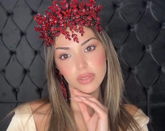 Handmade Red Rhinestone Tiara Mask: Bridal Quinceanera Headband & Earrings
