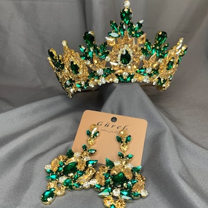 Gold Crystal Quinceanera Crown, Purple Wedding Tiara, Blue Wedding Crown, Bridal Tiara and Earring Set, Sweet 16 Quinceanere Crown for Girl