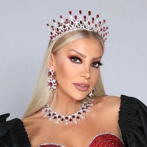 Swarovski Zircon Red Hair Accessories, Rhinestone Wedding Tiara, Silver Red Tiara, Colorful Red Bridal Tiara, Bridal Tiaras