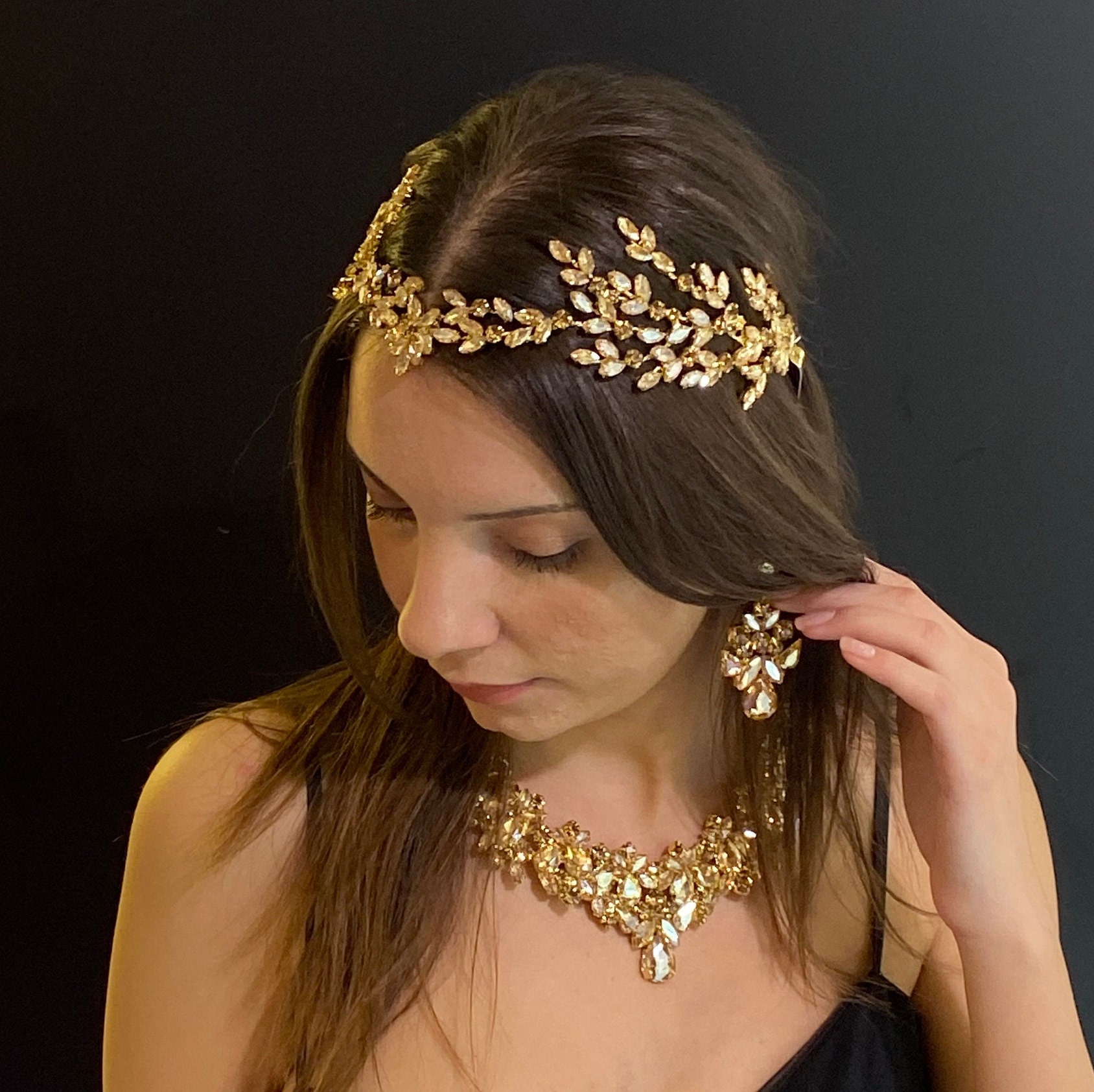 Crystal Gold Headpiece, Engagement Hair Accessory, Colorful Tiara for Bride, Bridal Headpiece , Quinceanera Crown , Wedding Gift for Brides