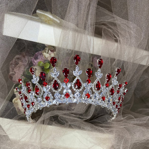 Swarovski Zircon Hair Accessories, Rhinestone Wedding Tiara, Silver Red Tiara, Colorful Red Bridal Tiara,Bridal Tiaras,Tiara  for Bachelor
