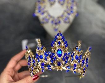 Swarovski Crystal Hair Accessory,Rhinestone Wedding Tiara,Gold Blue Wedding Crown,Colorful Blue Bridal Tiara,Royal Bridal Tiara,Bridal Crown