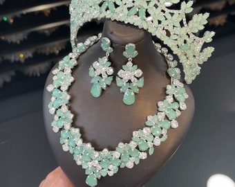 Green Crystal Quinceanera Crown, Necklace & Earrings: Bridal Tiara Set