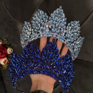 Royal Blue and Baby Blue Quinceanera Crown with Earrings, Crystal Bridal Tiara, Wedding Tiara, Bridesmaid Headband, Blue Quinceanera Tiara