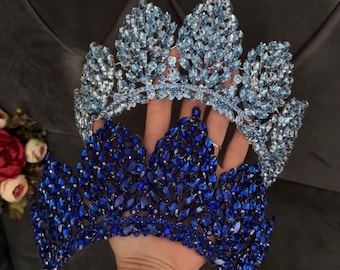 Royal Blue and Baby Blue Quinceanera Crown with Earrings, Crystal Bridal Tiara, Wedding Tiara, Bridesmaid Headband, Blue Quinceanera Tiara