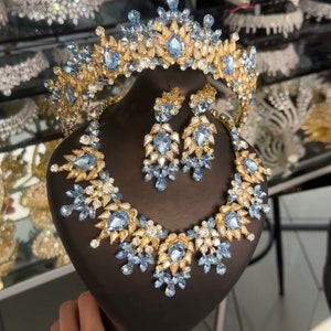 Blue Gold Crystal Tiara, Blue Earring, Blue Bridal Tiara, BlueTiara for Bachelor, Gold Engagement Crowns, Blue Crystal Crowns