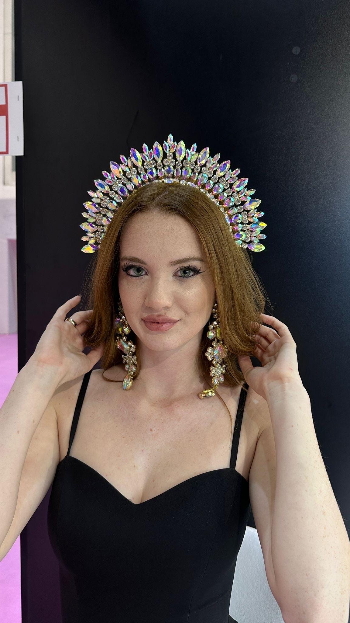 Handmade AB Crystal Gold Bridal Tiara and Earring Set - Etsy display picture 1