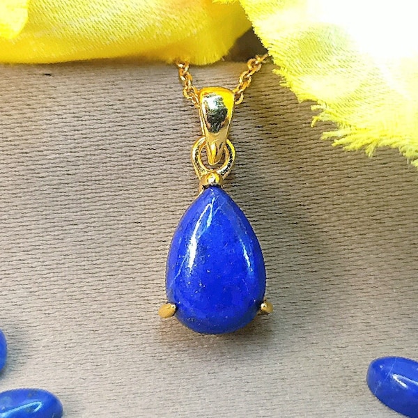 Collier Lapis Lazuli véritable - Pendentif pierre naturelle forme goutte - Argent 925 plaqué Or - Bijoux Femme