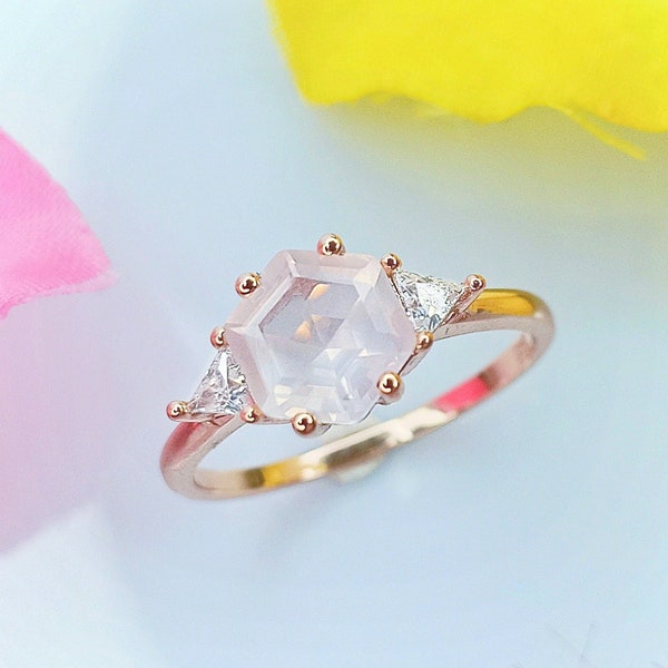 Bague Quartz Rose véritable - Pierre naturelle Hexagonale - Argent 925 Plaqué Or Rose - Bijoux Cadeau Femme