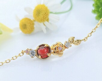 Genuine Minimalist Floral Garnet Bracelet - Natural Stone Bracelet in Delicate Gold - Zirconiums - Rose Flowers - Women's Gift Jewelry