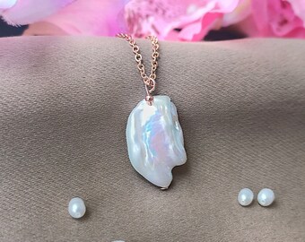 Natural Mother-of-Pearl Necklace - White Pearl Mother-of-Pearl Pendant - Rose Gold - Women
