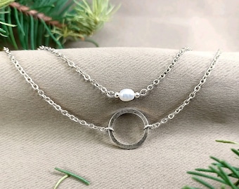 Collier Perle Ras de cou - Multicouche superposé Anneau - Pendentif Perle Nacre naturelle - Argent - Bijoux Femme