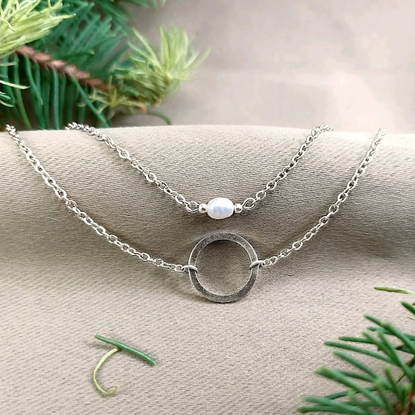 Necklace Pearl Ras neck - Multilayer layered ring - Natural Pearl Pendant - Silver - Women's Jewelry