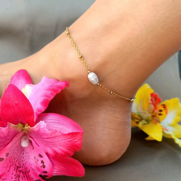 Bracelet de cheville - Chaîne de cheville - Perle de culture naturelle blanche - Nacre naturelle - Or - Femme