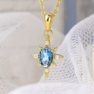 Minimalist Topaz Star Necklace Silver 925 Gold Plated 14K - Natural Blue Stone Handmade - Jewelry Gift Box Perfect For Her