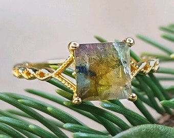 Princess Labradorite Ring - Naturstein Minimalist Square Gold - Schmuckschatulle Perfektes Geschenk für sie-Handgefertigt von MineralAuraFR