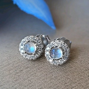 Minimalist Natural Moonstone Earrings in 925 Silver - Delicate Diamonds - Handmade - Perfect Gift Box for Her