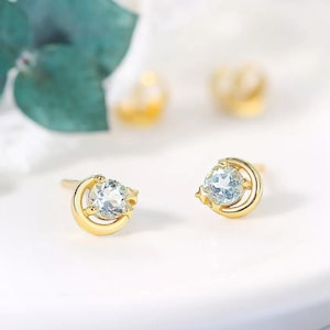 Boucles d'Oreilles Céleste Topaze Bleue Ciel véritable - Argent 925 Plaqué Or 14K - Pierres naturelles rondes - Cadeau bijoux femme