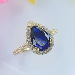 Silver Blue Sapphire Ring 925 Gold Plated 14K - Laboratory Sapphire Stone - With Zirconiums - Women's Gift Jewelry image 1