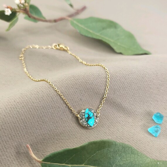 Bracelet Turquoise Naturelle - Pierre véritable bleu Turquoise - Pyrite - Or - Femme