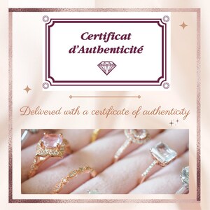 May include: A close-up of a pink velvet box containing several rings with different styles of settings and gemstones. The rings are in a variety of metals, including gold and silver. The box is open and the rings are visible. The text "Certificat d'Authenticit&eacute;" is visible on a white background with a diamond icon.