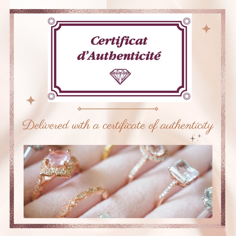May include: A close-up of a pink velvet box containing several rings with different styles of settings and gemstones. The rings are in a variety of metals, including gold and silver. The box is open and the rings are visible. The text "Certificat d'Authenticit&eacute;" is visible on a white background with a diamond icon.