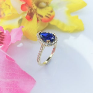 Silver Blue Sapphire Ring 925 Gold Plated 14K - Laboratory Sapphire Stone - With Zirconiums - Women's Gift Jewelry image 5