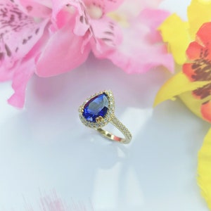 Silver Blue Sapphire Ring 925 Gold Plated 14K - Laboratory Sapphire Stone - With Zirconiums - Women's Gift Jewelry image 4