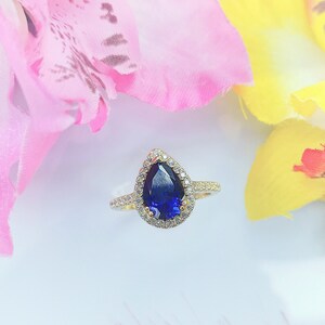 Silver Blue Sapphire Ring 925 Gold Plated 14K - Laboratory Sapphire Stone - With Zirconiums - Women's Gift Jewelry image 3