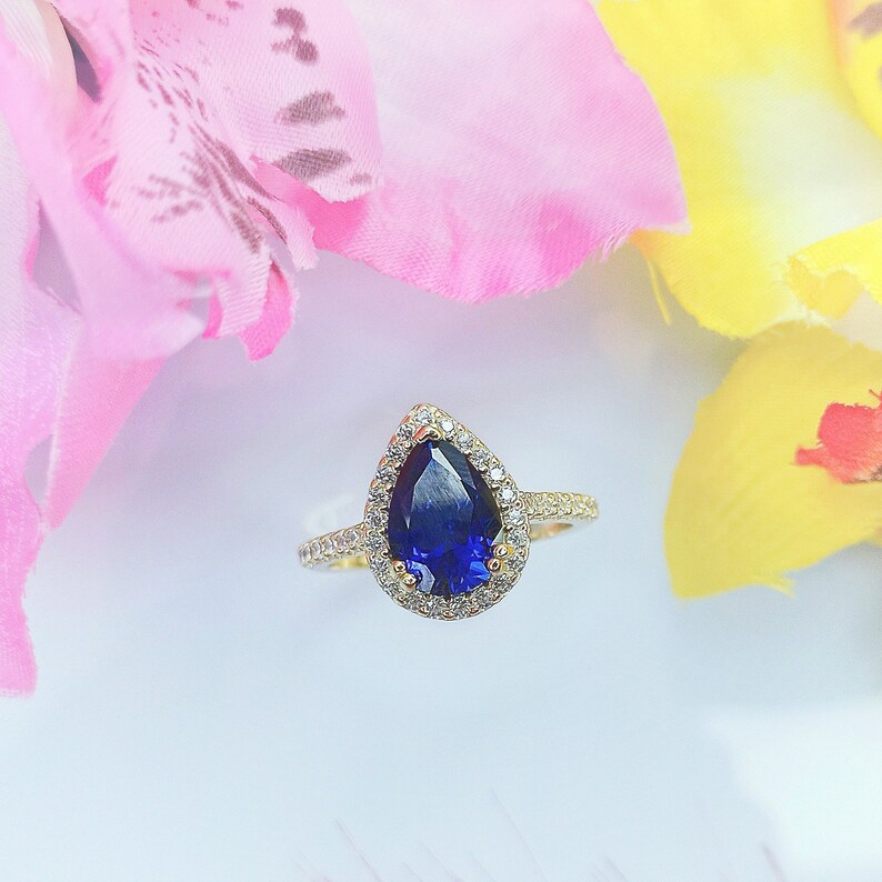 Silver Blue Sapphire Ring 925 Gold Plated 14K - Laboratory Sapphire Stone - With Zirconiums - Women's Gift Jewelry image 3