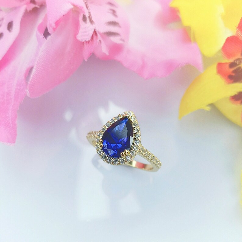 Silver Blue Sapphire Ring 925 Gold Plated 14K - Laboratory Sapphire Stone - With Zirconiums - Women's Gift Jewelry image 2