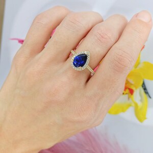 Silver Blue Sapphire Ring 925 Gold Plated 14K - Laboratory Sapphire Stone - With Zirconiums - Women's Gift Jewelry image 7