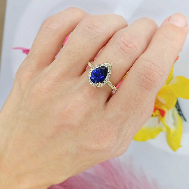 Silver Blue Sapphire Ring 925 Gold Plated 14K - Laboratory Sapphire Stone - With Zirconiums - Women's Gift Jewelry image 7