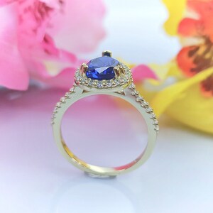 Silver Blue Sapphire Ring 925 Gold Plated 14K - Laboratory Sapphire Stone - With Zirconiums - Women's Gift Jewelry image 6