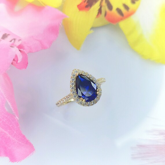 Bague Saphir Bleu Argent 925 Plaqué Or 14K - Pierre Saphir de Laboratoire - Avec Zirconiums - Bijoux Cadeau Femme