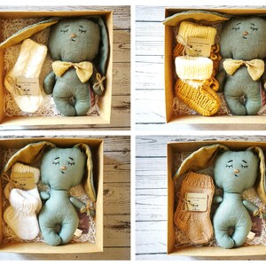 Handmade Linen Bunny Doll - Sleepy Fabric Rabbit - Keepsake Gift - Baby Nursery Decor