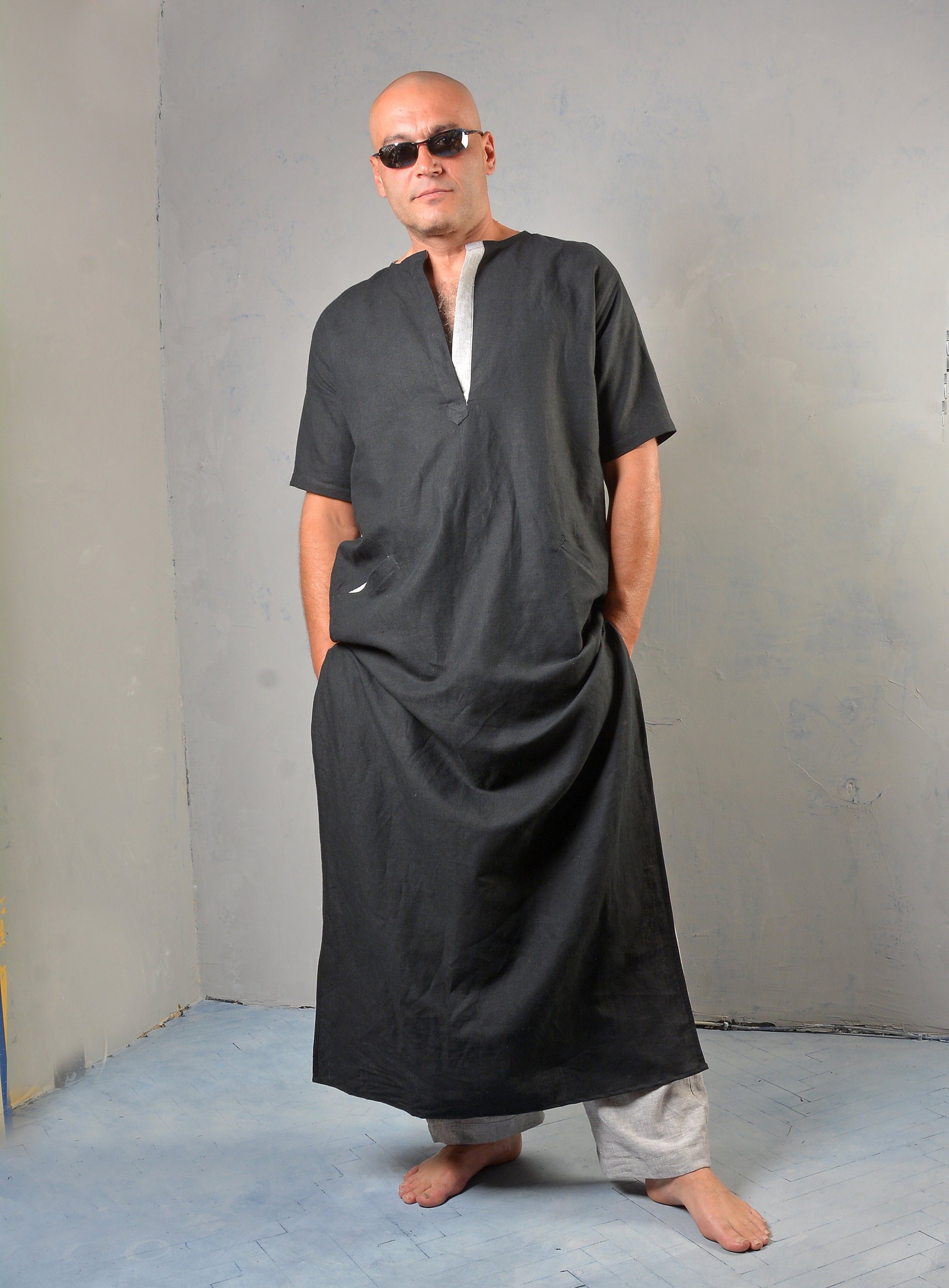 Men Linen Kaftan Black Kaftan Dress Oversized Robe Linen Etsy
