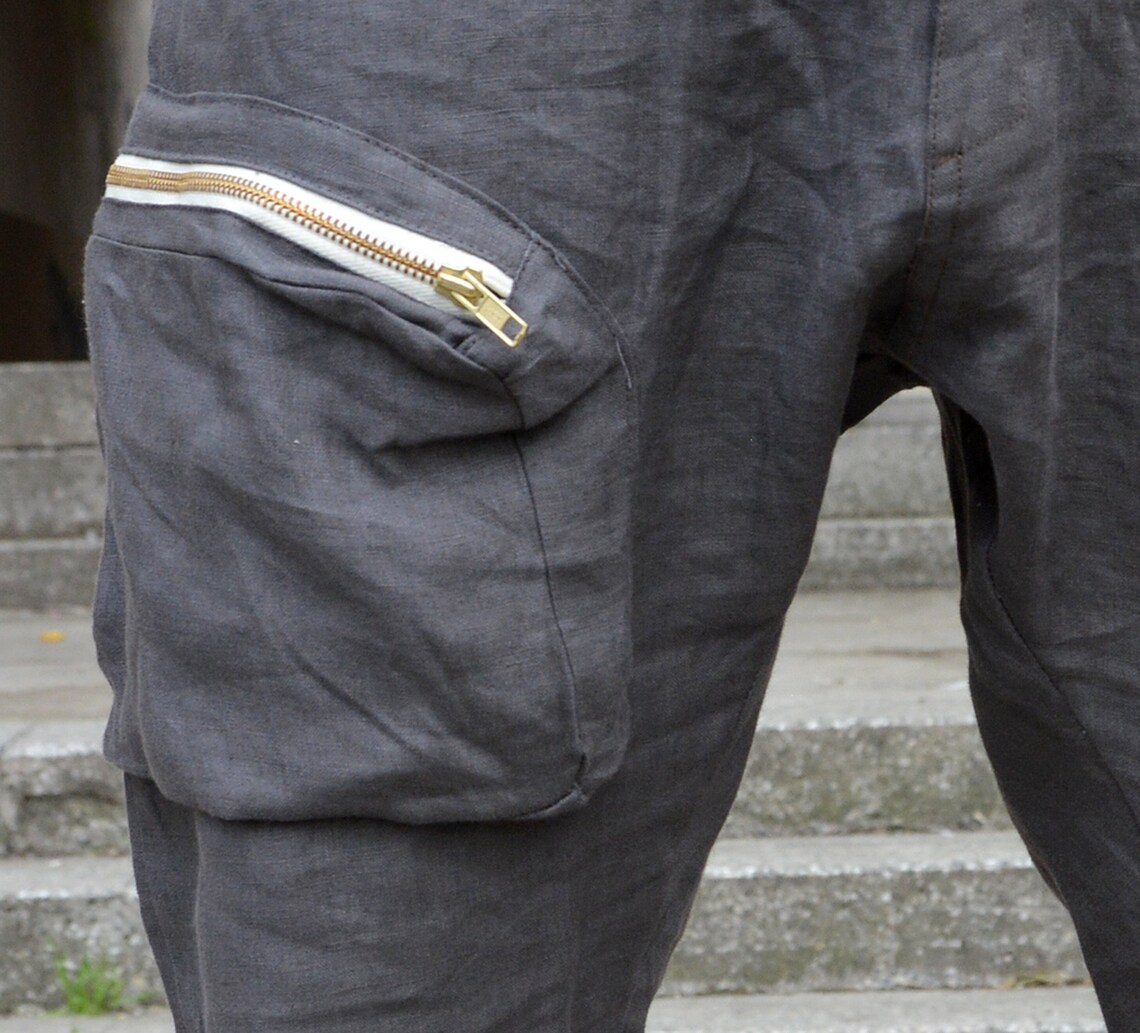 Cargo Pants Men Linen Cargo Pants Men Pants Drop Crotch Etsy