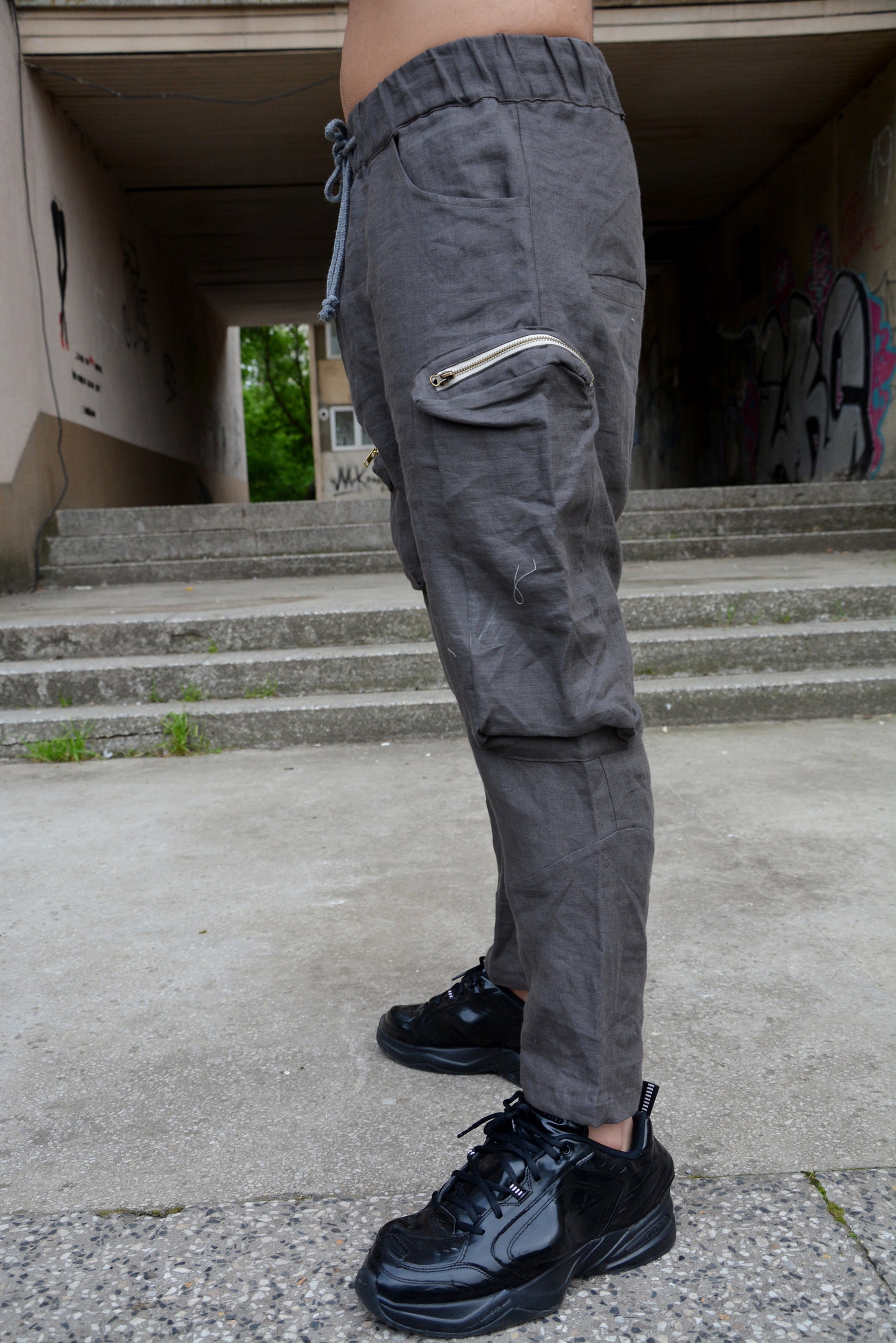 Cargo Pants Men Linen Cargo Pants Men Pants Drop Crotch Etsy