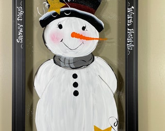 Snowman painted on glass.