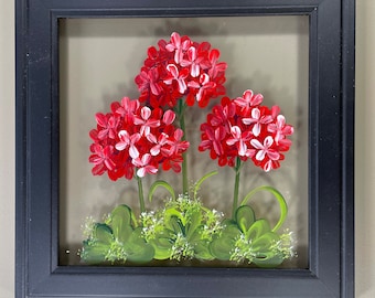 Geraniums painted on glass.
