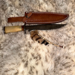 15.2” Handmade Damascus hunting knife with camel bone handle and olive wood