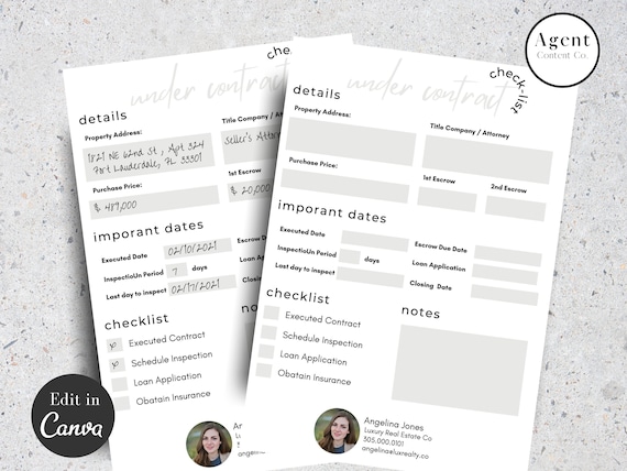 Under Contract Checklist for Real Estate Agents, Real Estate Marketing, Realtor, Sales Systems, Sales Form, Editable, Canva