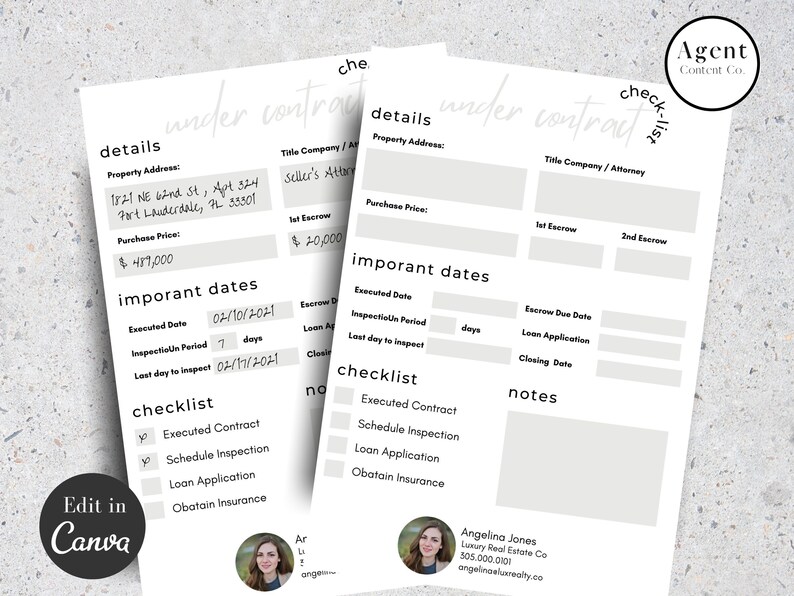 May include: A printable checklist and details form for a real estate transaction. The form includes sections for property address, purchase price, important dates, and a checklist. The form is designed to help buyers and sellers keep track of important deadlines and tasks.