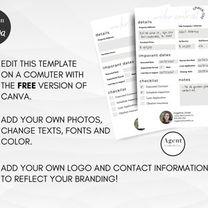 May include: A printable checklist template for real estate agents. The template includes sections for details, important dates, a checklist, and notes. The template is designed to be used on a computer with the free version of Canva.