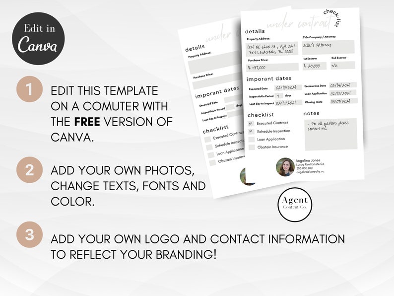 May include: A printable checklist template for real estate agents. The template includes sections for details, important dates, a checklist, and notes. The template is designed to be used on a computer with the free version of Canva.