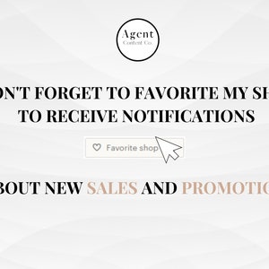 May include: White text on a gray background with a white heart icon and the text "Favorite shop" in a white box with a black arrow pointing to the right. The text reads "Don't forget to favorite my shop to receive notifications about new sales and promotions."